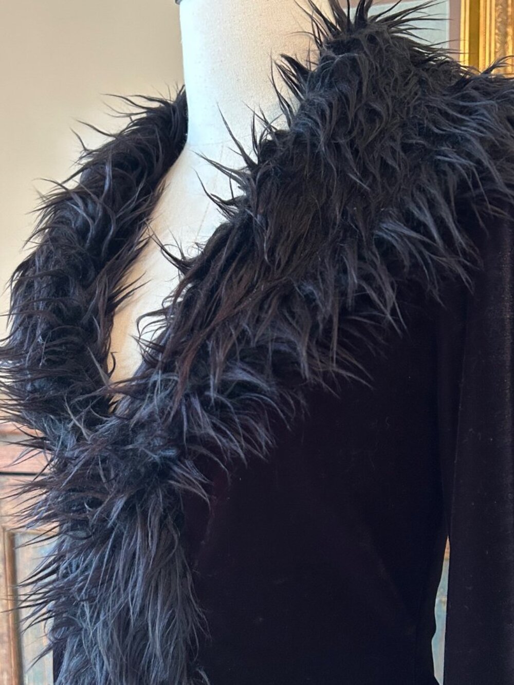 Vintage Betsey Johnson Black Velvet Faux Fur Embroidered Floral Duster Coat - Picture 2 of 12
